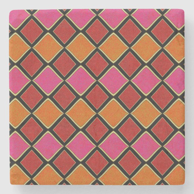 Lebendiges Harlekin-Diamantmuster in Rot, Orange,  Steinuntersetzer (Vorderseite)