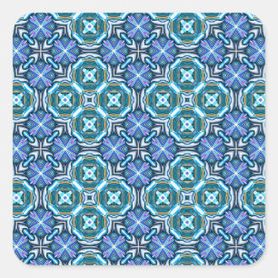 Lebendiges kaleidoskopisches Muster in Blautönen Quadratischer Aufkleber