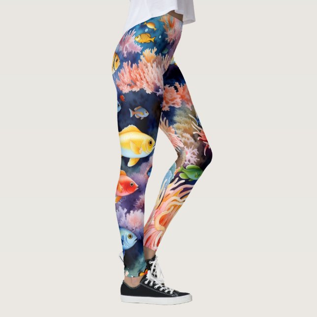 Lebendiges Korallenriff-Aquarell Leggings (Rechts)