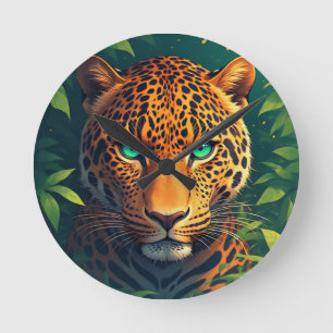 Lebendiges Leopard-Porträt mit Smaragdaugen Runde Wanduhr