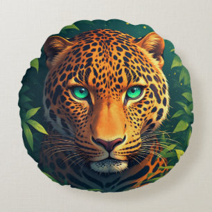 Lebendiges Leopard-Porträt mit Smaragdaugen Rundes Kissen