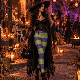 Lebendiges Lila-Limettengrün-Gestreifte Halloween- Leggings