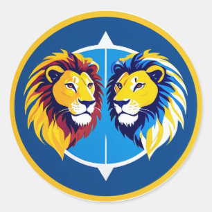 Lebendiges Löwen-Duo-Emblem in blauem Kreis Runder Aufkleber
