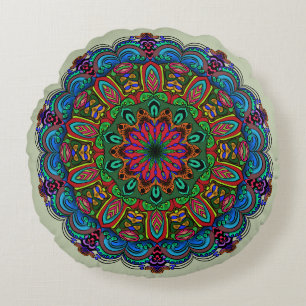 Lebendiges Mandala-Blumen- und geometrisches Muste Rundes Kissen