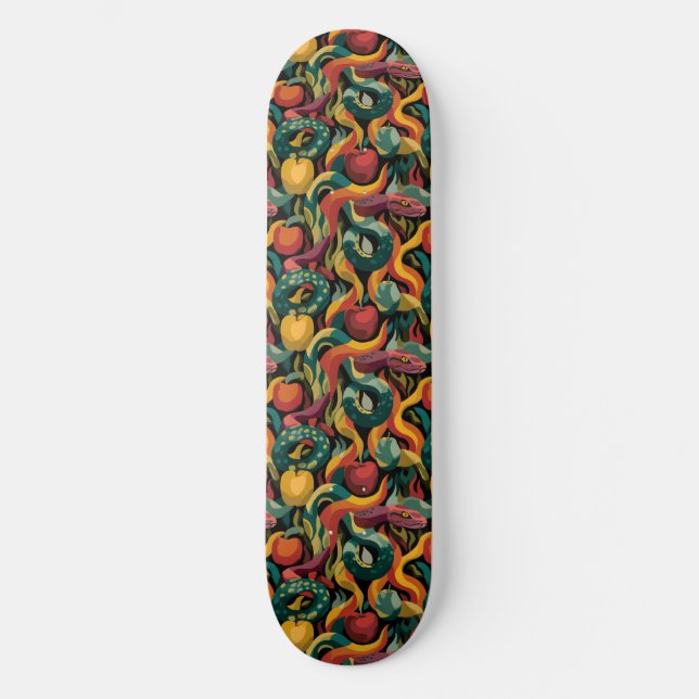 Lebendiges nahtloses Muster mit Schlangen und Äpfe Skateboard (Vorderseite)