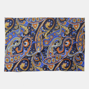 Lebendiges Navy- und Orange- Boho-Paisleymuster Geschirrtuch