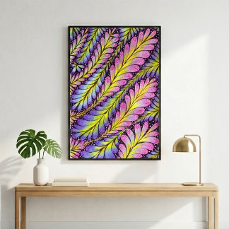 Lebendiges Neon-Pink-Lila-Abstraktes-Blatt-Muster Poster