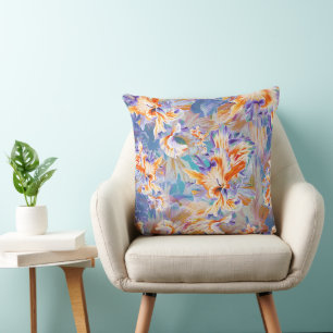 Lebendiges orange-blaues abstraktes Blumenkissen Kissen