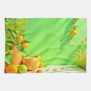Lebendiges Orange Grün Stillleben Design Geschirrtuch