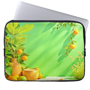 Lebendiges Orange Grün Stillleben-Design Laptopschutzhülle
