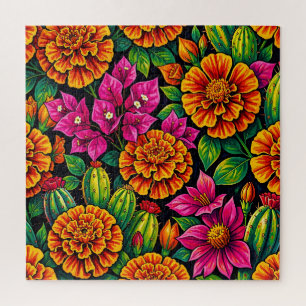 Lebendiges Orange Magenta Tagetes Kaktus Tropisch Puzzle