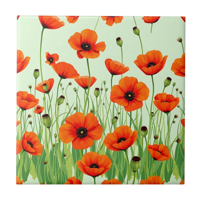 Lebendiges orangefarbenes Mohnfeld Aquarell Sommer Fliese (Vorderseite)