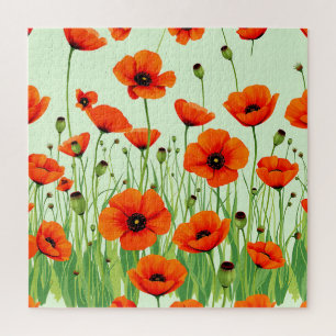 Lebendiges orangefarbenes Mohnfeld Aquarell Sommer Puzzle