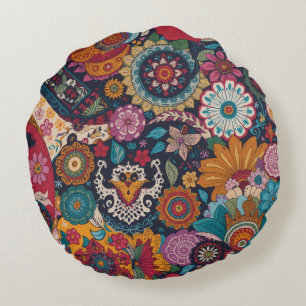 Lebendiges Papel-Picado-Boho-Muster Rundes Kissen