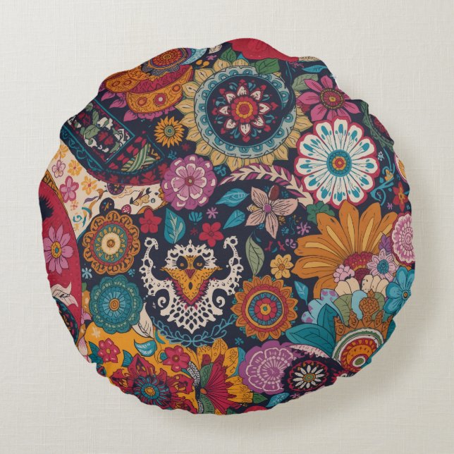 Lebendiges Papel-Picado-Boho-Muster Rundes Kissen (Rückseite)