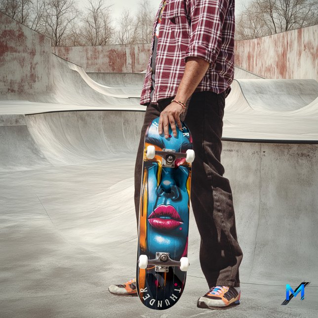 Lebendiges Pop-Art-Gesicht Skateboard - Kühner Aus (Von Creator hochgeladen)