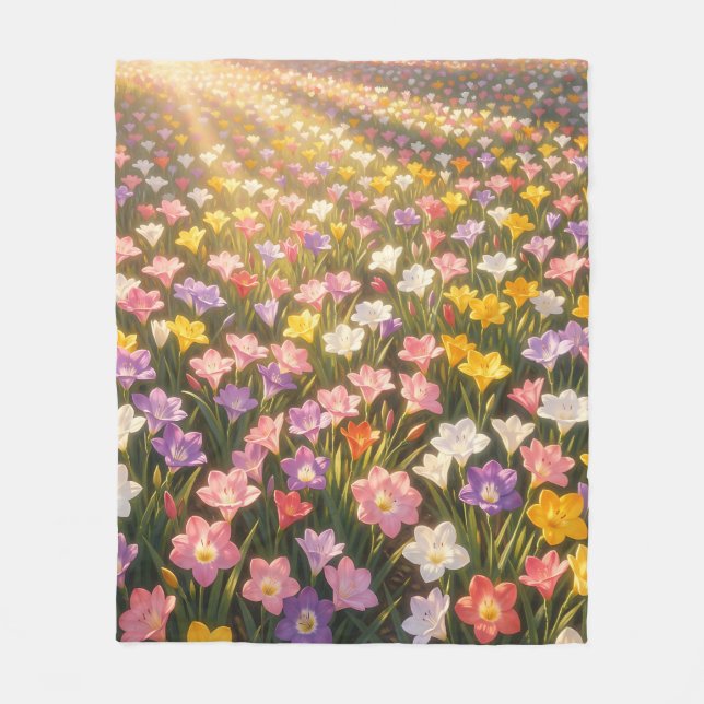 Lebendiges Regenbogen-Lilienblumenfeld Fleecedecke (Vorderseite)