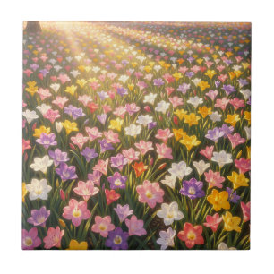 Lebendiges Regenbogen-Lilienblumenfeld Fliese