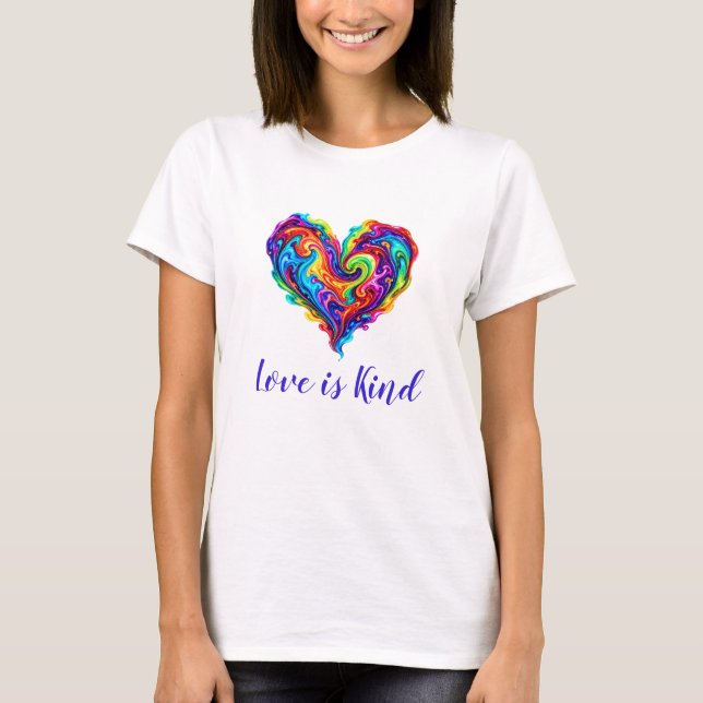 Lebendiges Regenbogen-Pour-Paint-Herz  T-Shirt (Vorderseite)