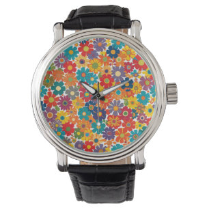 Lebendiges Retro-60er-Jahre-Gänseblümchen-Flower-P Armbanduhr
