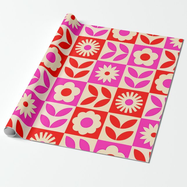 Lebendiges Retro-Blumenmuster Geschenkpapier (Ungerollt)