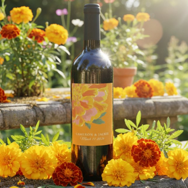 Lebendiges Ringelblumen-Sommerhochzeitsgeschenk  Weinetikett (Von Creator hochgeladen)