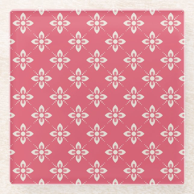 Lebendiges rosa Blumenmuster mit geometrischen Blu Glasuntersetzer (Vorderseite)