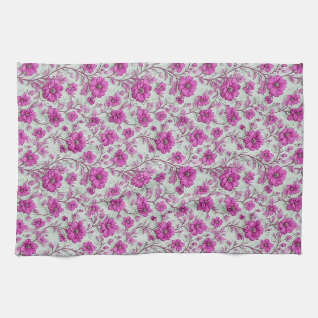 Lebendiges rosa Blumenmuster mit Magenta-Blumen Geschirrtuch (Horizontal)
