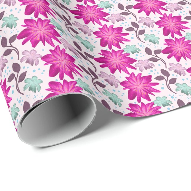 Lebendiges rosa Blumenmuster | Moderne, kräftige B Geschenkpapier (Rolleneckpunkt)