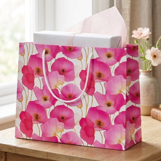 Lebendiges rosa Mohnblumen-Blumenmuster Große Geschenktüte (Bright pink poppy floral medium gift bag for a special friend's colorful summer birthday.)