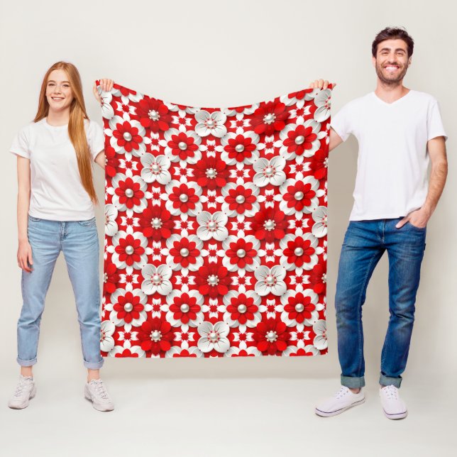 Lebendiges Rot-Weiß-Blumenmuster mit Perle Fleecedecke (Beispiel)