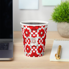 Lebendiges Rot-Weiß-Blumenmuster mit Perle Pappbecher