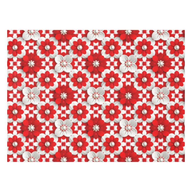 Lebendiges Rot-Weiß-Blumenmuster mit Perle Tischdecke (Vorderseite (Horizontal))