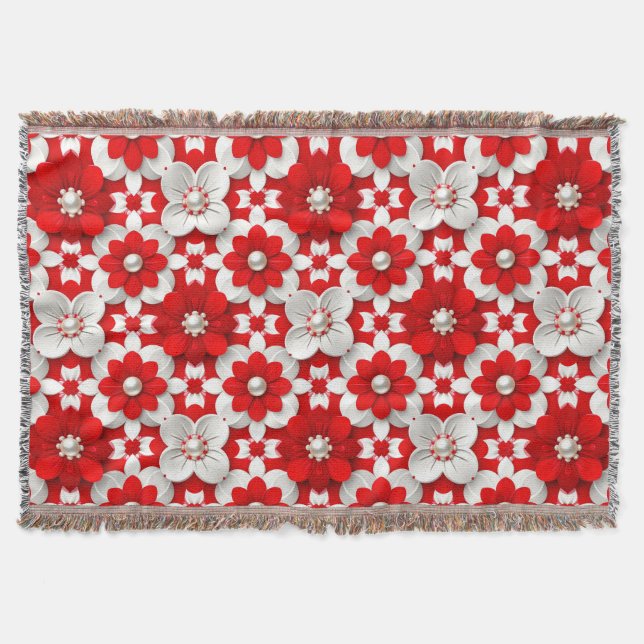 Lebendiges Rot-Weiß-Blumenmuster mit Perlen Decke (Vorderseite)