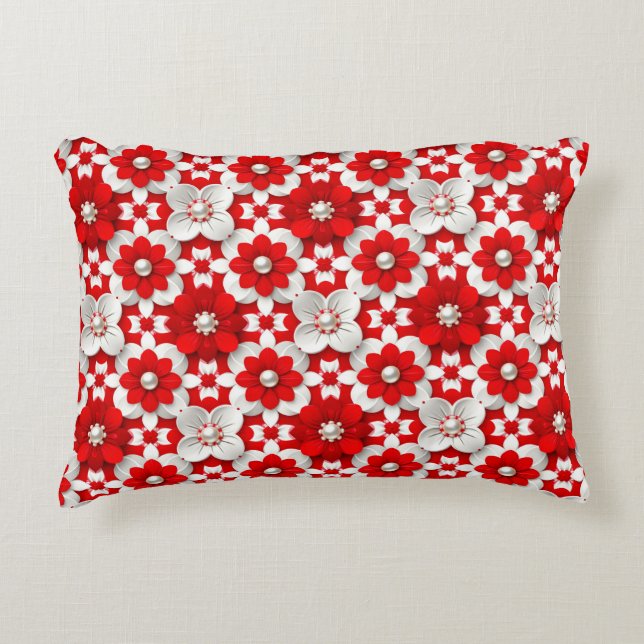 Lebendiges Rot-Weiß-Blumenmuster mit Perlen Dekokissen (Vorderseite)