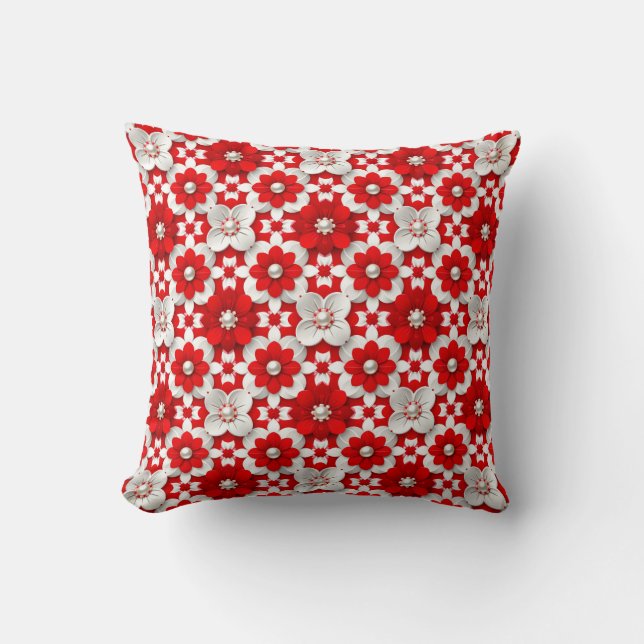 Lebendiges Rot-Weiß-Blumenmuster mit Perlen Kissen (Vorderseite)