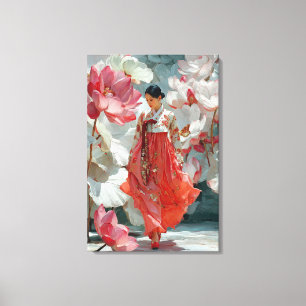 Lebendiges rotes Hanbok und rosa florale Leinwandk Leinwanddruck
