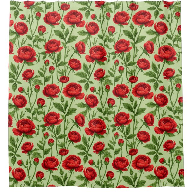 Lebendiges rotes Ranunculus-Blumenmuster Duschvorhang (Vorderseite)