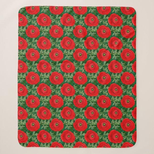 Lebendiges rotes Ranunculus-Blumenmuster Sherpadecke (Vorderseite)