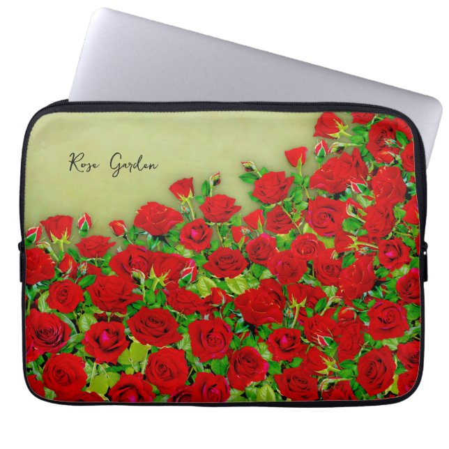 Lebendiges rotes Rosengarten-Blumenmuster Laptopschutzhülle (Vorderseite)