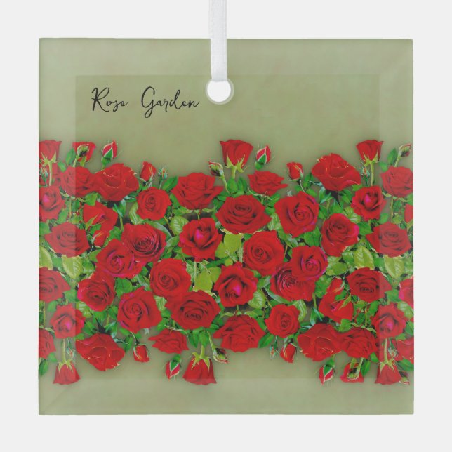 Lebendiges rotes Rosengarten-Blumenmuster Ornament Aus Glas (Vorderseite)