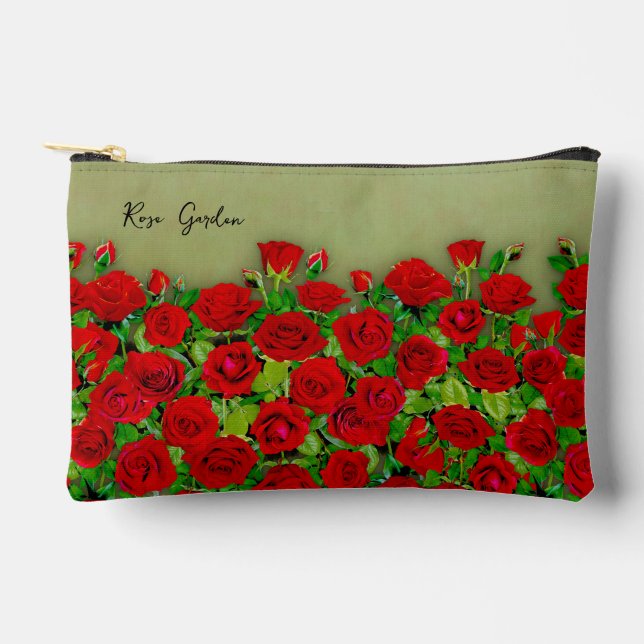 Lebendiges rotes Rosengarten-Blumenmuster Zubehörtasche (Vorderseite)