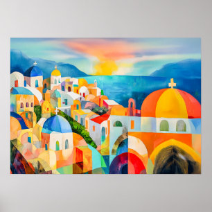 Lebendiges Santorini mit farbenfrohen Kuppeln Poster