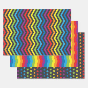 Lebendiges Schwarz und Regenbogen-Muster Geschenkpapier Set