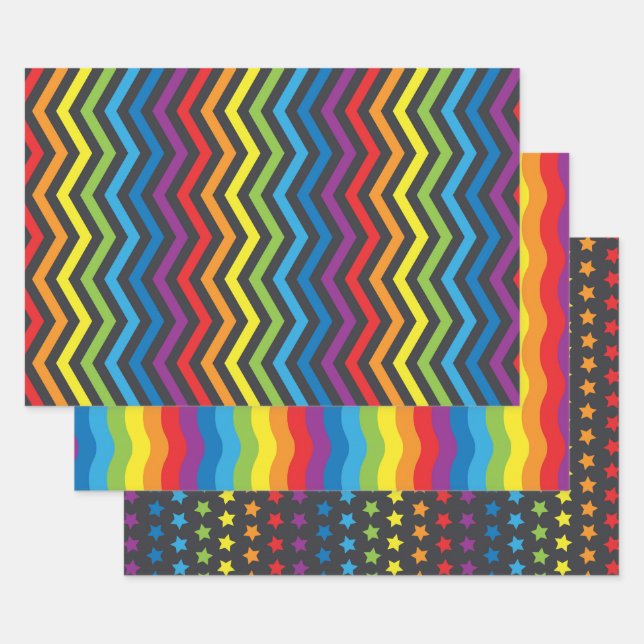 Lebendiges Schwarz und Regenbogen-Muster Geschenkpapier Set (Set)