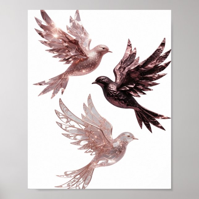 Lebendiges Silber ROSE GOLD VÖGEL 3D-Textkunst Poster (Vorne)