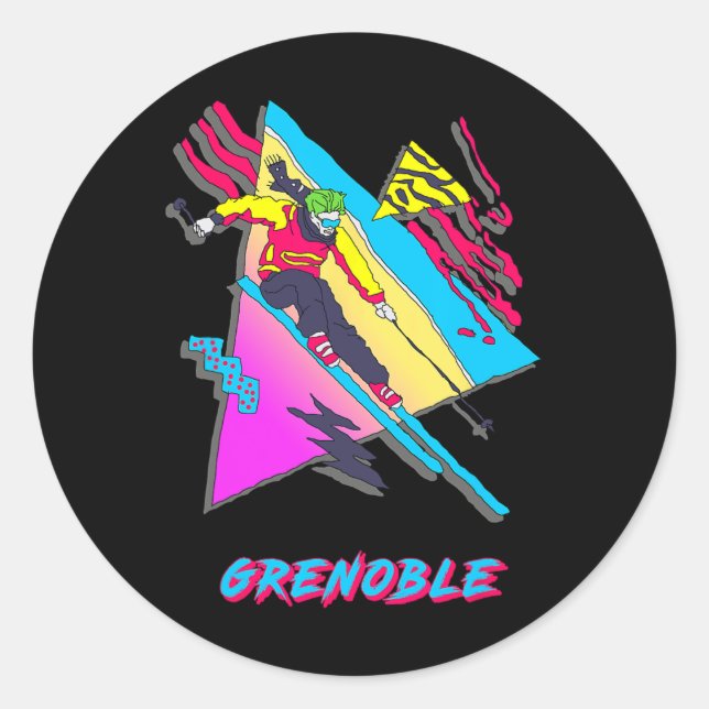 Lebendiges Skidesign mit Grenoble-Text-Ski  Runder Aufkleber (Vorderseite)