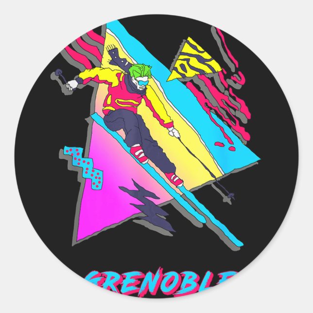 Lebendiges Skidesign mit Grenoble-Text-Ski Runder Aufkleber (Vorderseite)