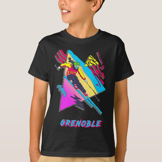 Lebendiges Skidesign mit Grenoble-Text-Ski T-Shirt (Vorderseite)
