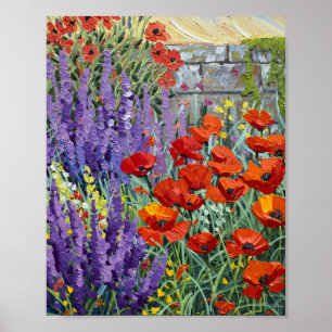 Lebendiges Sommer-Mohn- und Lavendelgarten-Ölfarbe Poster